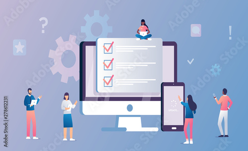 system update vector illustration concept, people update operation system on computer and mobile phone. search of solutions to problems, teamwork, fill form or checklist, use in applications
