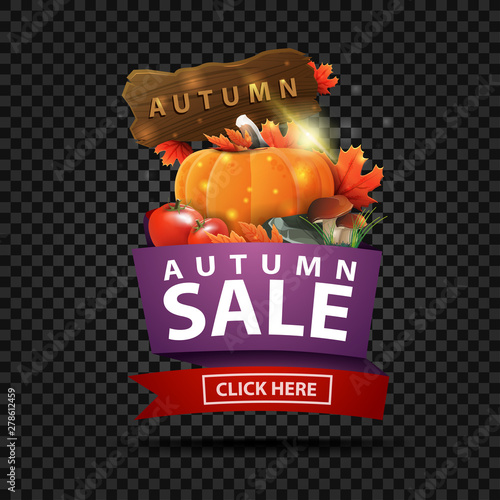 Autumn sale, discount web banner in geometric style with harvest of vegetables and a wooden sign