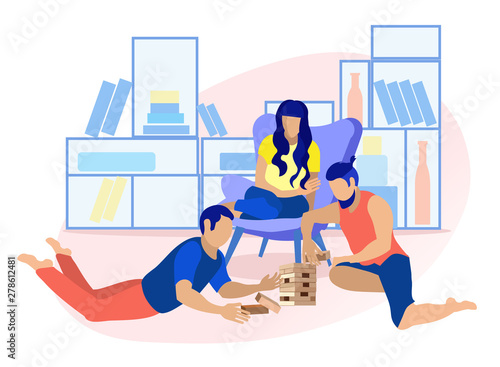 Friends Playing in Wood Block Game Flat Cartoon