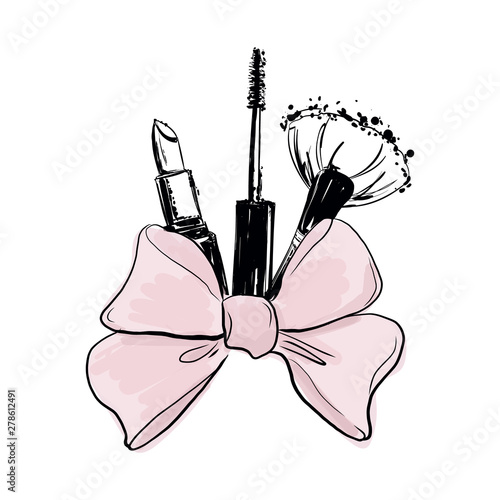 Fashion vector background with hand drawn cosmetics: lipstick mascara, makeup brush with bow. bunch of decorative cosmetics tied with beautiful ribbon. Makeup beauty fashion vector illustration