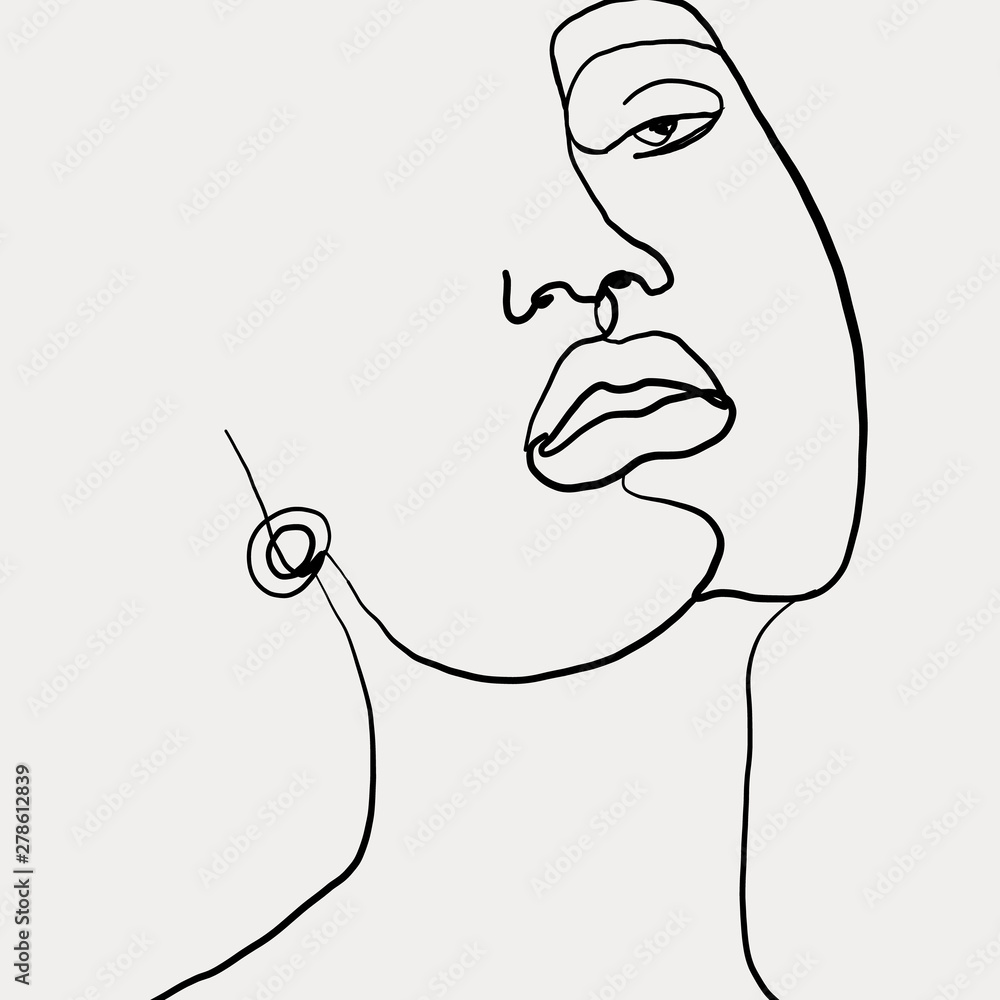 Continuous line, drawing of beauty woman face with earring , fashion concept, woman beauty minimalist, vector illustration for t-shirt slogan design print graphics style. One line fashion illustration - obrazy, fototapety, plakaty 