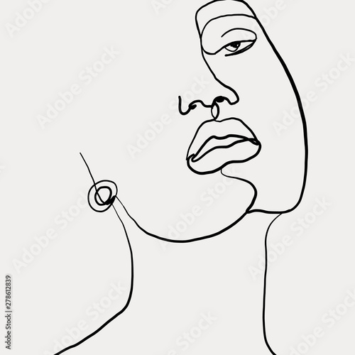 Continuous line, drawing of beauty woman face with earring , fashion concept, woman beauty minimalist, vector illustration for t-shirt slogan design print graphics style. One line fashion illustration
