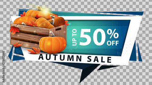 Autumn sale, discount web banner in geometric style with wooden crates of ripe pumpkins and autumn eaves