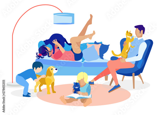 Family Members Resting with Pets at Home Cartoon © Mykola
