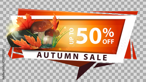 Autumn sale, discount web banner in geometric style with mushrooms and autumn leaves