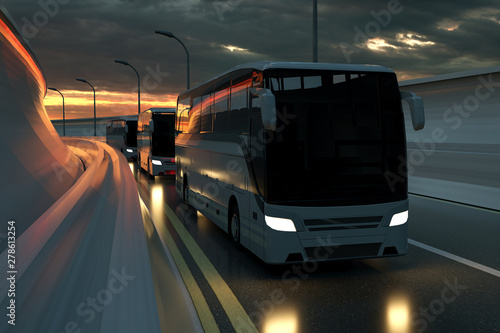 Three white buses drive on a highway at sunset backlit by a bright orange sunburst under an ominous cloudy sky. 3d Rendering © Dmitry
