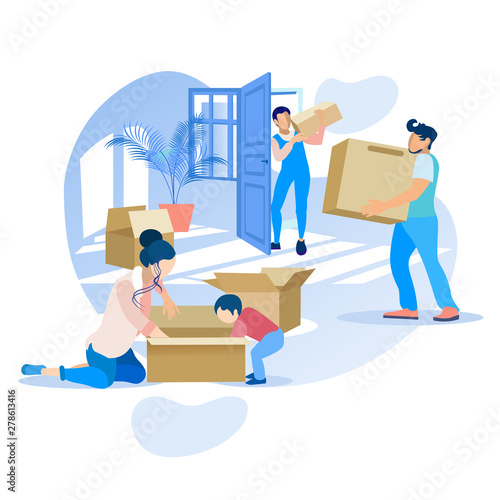 Happy Moving House Family Cartoon Illustration