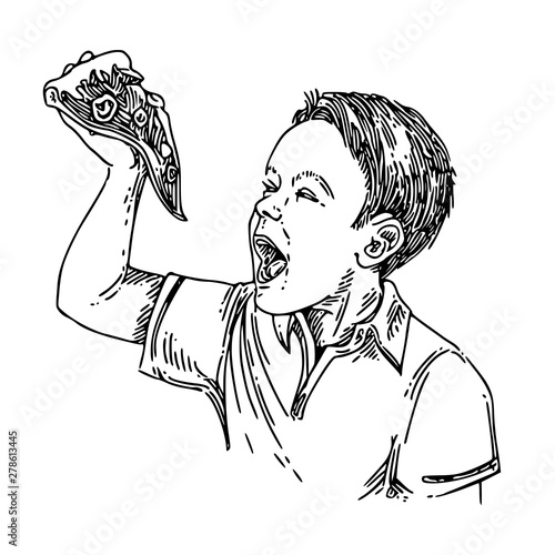 Little boy eating a slice of pizza. Sketch. Engraving style. Vector illustration.