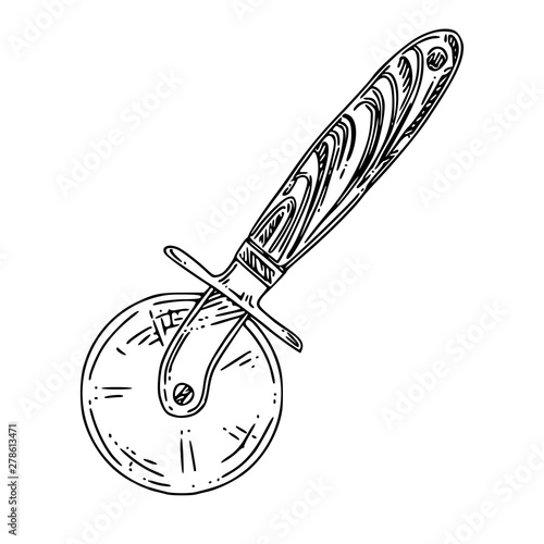 Pizza cutter with wooden handle. Sketch. Engraving style. Vector illustration.