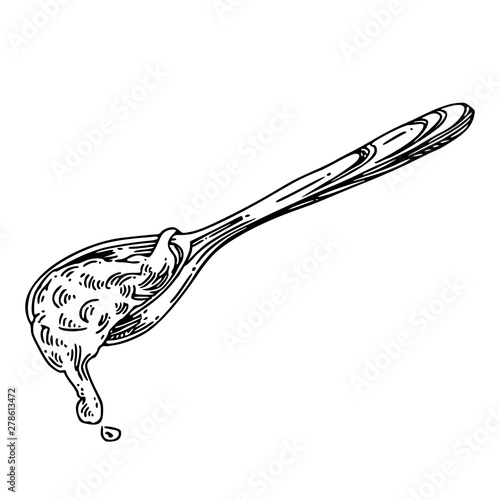 Wooden spoon with sauce. Sketch. Engraving style. Vector illustration.