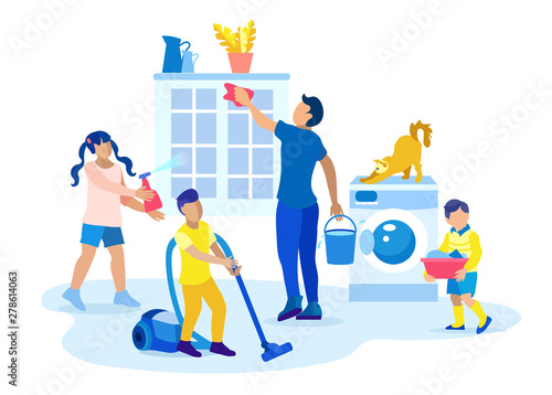 Kids Help Father in Housekeeping Flat Cartoon