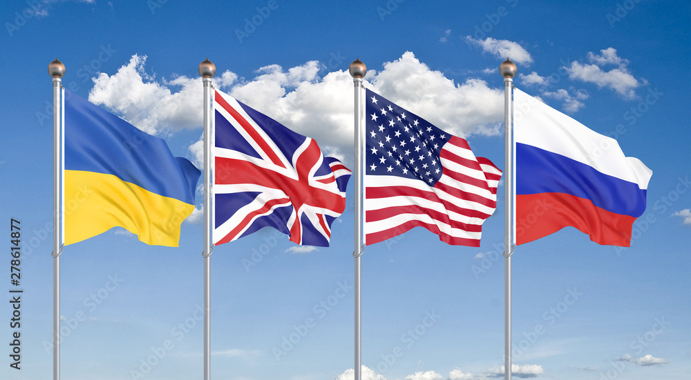 Flags of United States of America, United Kingdom, Russia, and Ukraine. Budapest Memorandum on Security Assurances. 3D illustration on sky background. – Illustration.