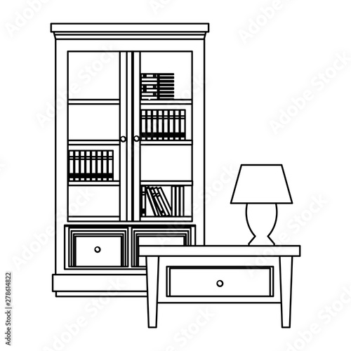 House wooden library and light lamp on drawer in black and white