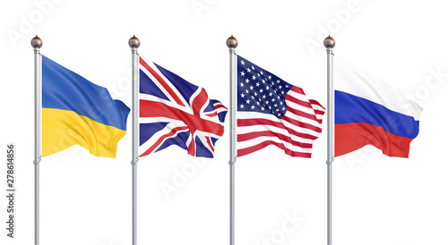 Flags of United States of America, United Kingdom, Russia, and Ukraine. Budapest Memorandum on Security Assurances. 3D illustration isolated on white. – Illustration.