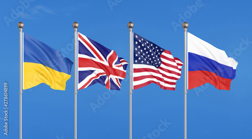 Flags of United States of America, United Kingdom, Russia, and Ukraine. Budapest Memorandum on Security Assurances. 3D illustration on sky background. – Illustration.