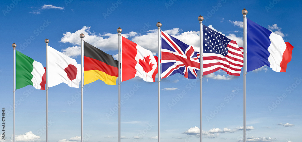 Silk waving G7 flags of countries of Group of Seven Canada, Germany, Italy, France, Japan, USA states, United Kingdom. Blue sky background. Big G7 in France 2019. 3D illustration. Silk waving G7 flags of countries of Group of Seven Canada, Germany, Italy, France, Japan, USA states, United Kingdom. Blue sky background. Big G7 in France 2019. 3D illustration.