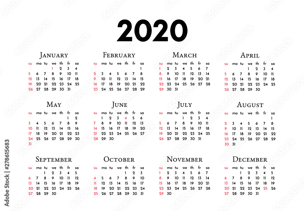 Calendar for 2020 isolated on a white background Calendar for 2020 isolated on a white background