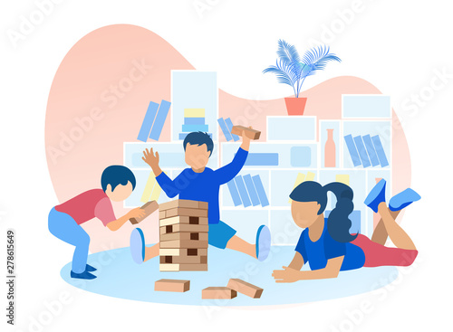 Two Boys and Girl Building Toy Brick Tower Cartoon