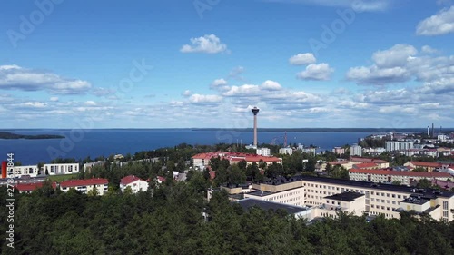 Tampere, Finland. View from Pyynikki Observation Tower to Nasinneula tower and lake Nasijarvi. photo