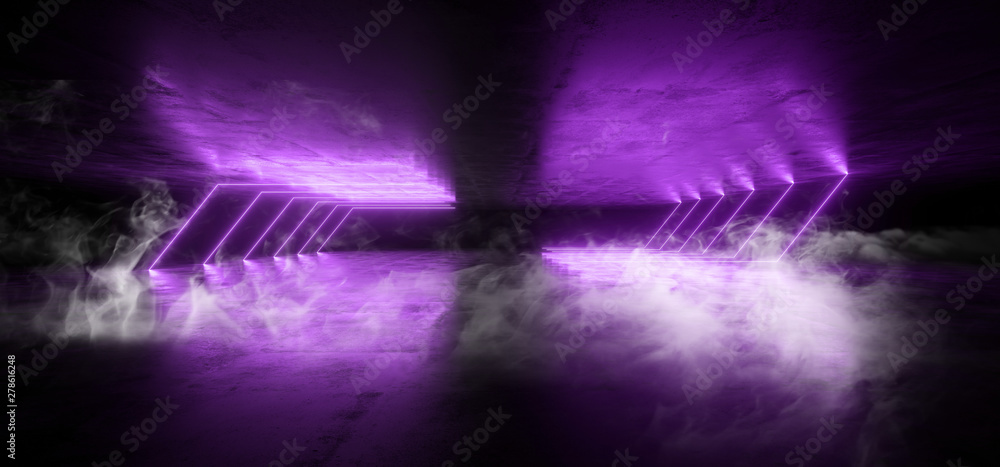 Smoke Futuristic Neon Lights Laser Purple Glowing Modern Retro Sci Fi Elegant Spaceship Club Night Dark Garage Underground Grunge Concrete Reflections Abstract Beams 3D Rendering