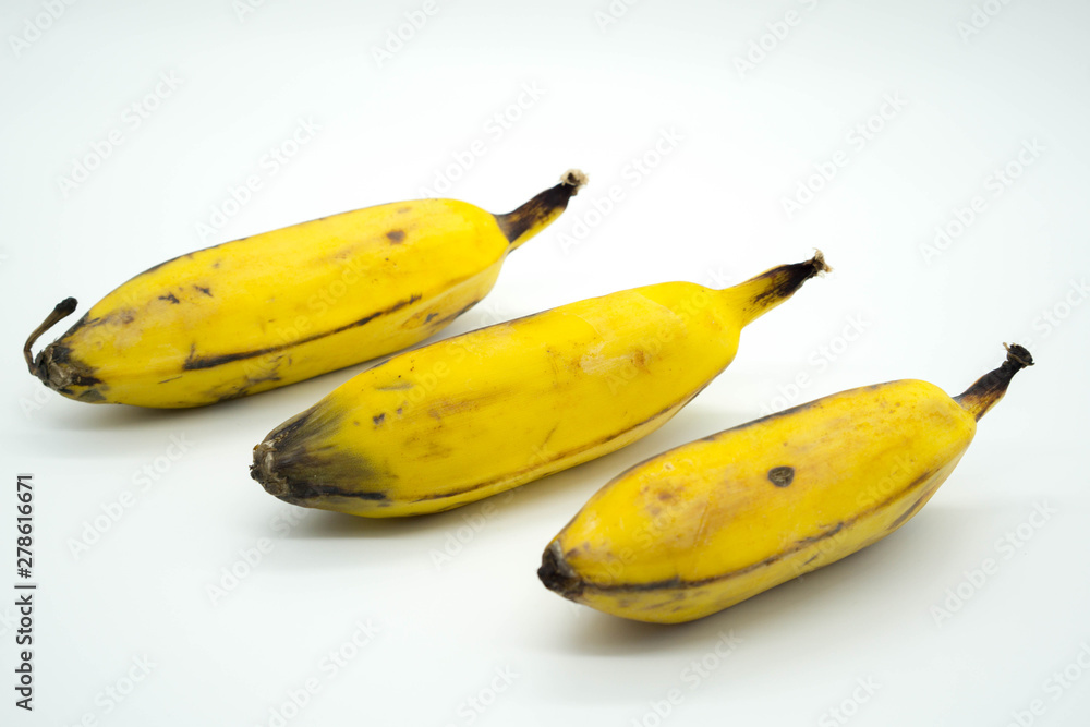short bananas in a row isolated whiter background