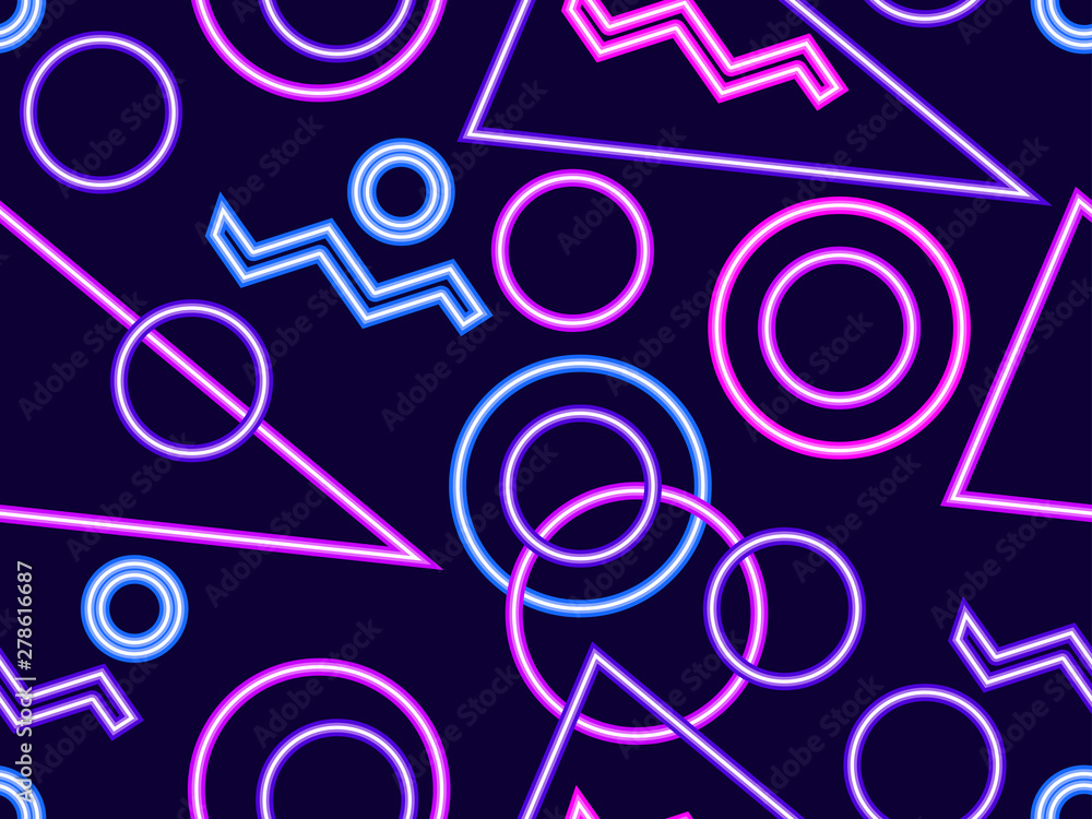Glowing neon shapes on a black background. Seamless pattern in 80s style.  Vector illustration Stock Vector | Adobe Stock