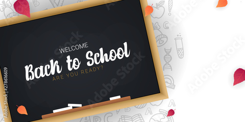 Welcome Back to School banner with chalkboard and white hand draw doodle background.