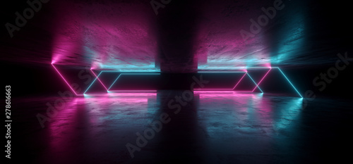 Futuristic Neon Lights Laser Purple Blue Glowing Modern Retro Sci Fi Elegant Spaceship Club Night Dark Garage Underground Grunge Concrete Reflections Abstract Beams 3D Rendering © IM_VISUALS