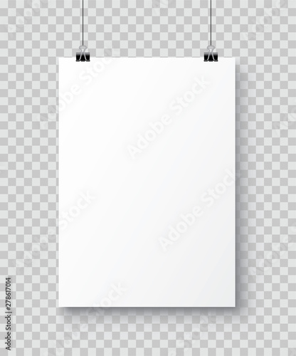 Vector realistic white blank A4 paper poster hanging on a rope with clip - stock vector.