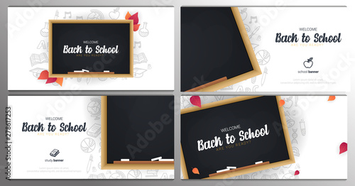 Set of Welcome Back to School banners with chalkboard and white hand draw doodle background.