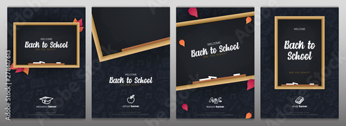 Wallpaper Mural Set of Welcome Back to School banners with chalkboard and dark hand draw doodle background. Torontodigital.ca