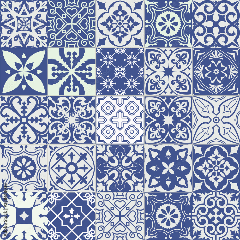 Big vector set of tiles in portuguese, spanish, italian style. For wallpaper, backgrounds, decoration for your design, ceramic, page fill and more.