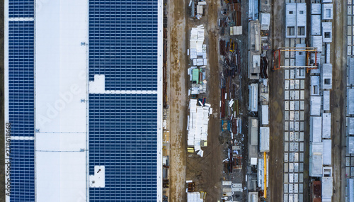 Aerial view of finished concrete slabs and related products at a concrete manufacturing facility in the afternoon sun in Aurora, IL, USA photo