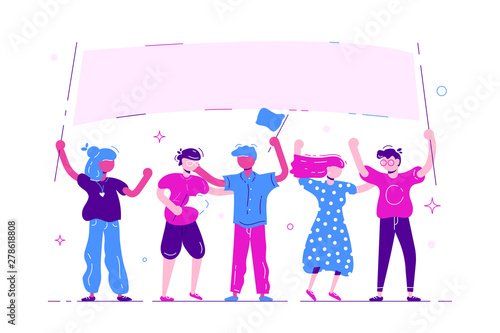 Group of young men and women standing together and holding blank banner.