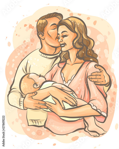 Family. Graphic, color, hand-drawn sketch depicting happy parents with a baby in their arms. Watercolor style