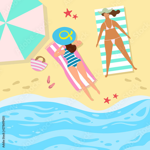 Cartoon background of sea shore with women.