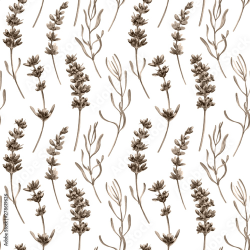 Tapeta Watercolor seamless pattern in retro style with lavender flowers and leaves
