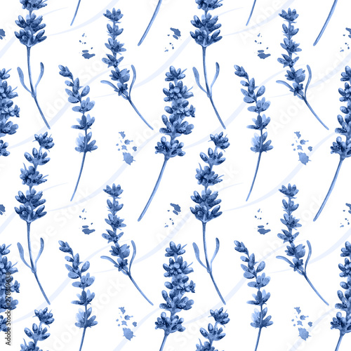 Murais de parede Watercolor seamless pattern in retro style with blue lavender flowers and leaves