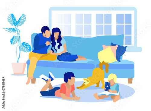 Faceless Family Resting at Home Idyllic Cartoon