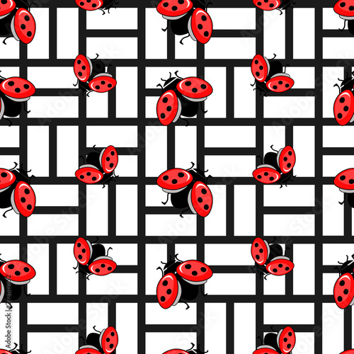Seamless vector pattern with ladybug. Abstract geometric pattern.