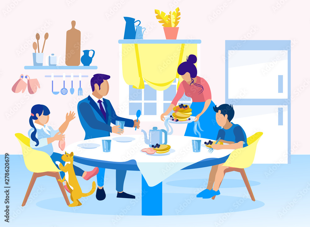 Family Having Pancakes at Breakfast in Morning Family Having Pancakes at Breakfast in Morning