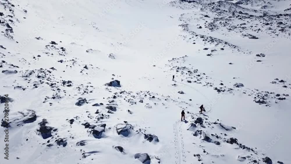 Climbers Walking Up Mountain Expedition Aerial Flight Epic Mountain Range Climb To Success Beautiful Peak Winter Vacation Exploration Adventure Hiking Tourism Concept.