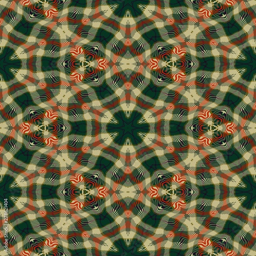 Kaleidoscopic tartan repetition design green red vintage wallpaper design photo