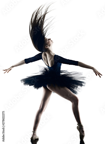 one young beautiful long hair caucasian woman ballerina ballet dancer dancing studio shot silhouette isolated on white background
