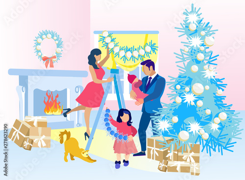 Happy Family Decorat Home for Christmas Together