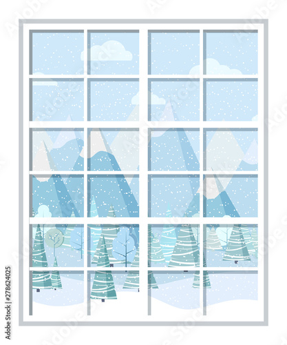 Isolated white room window frame in cartoon flat style.