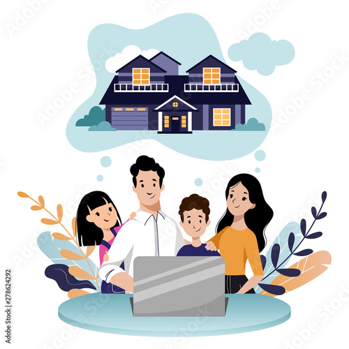 Young family with two kids looking for new home to buy or rent. Realty loan, mortgage, vector flat cartoon illustration