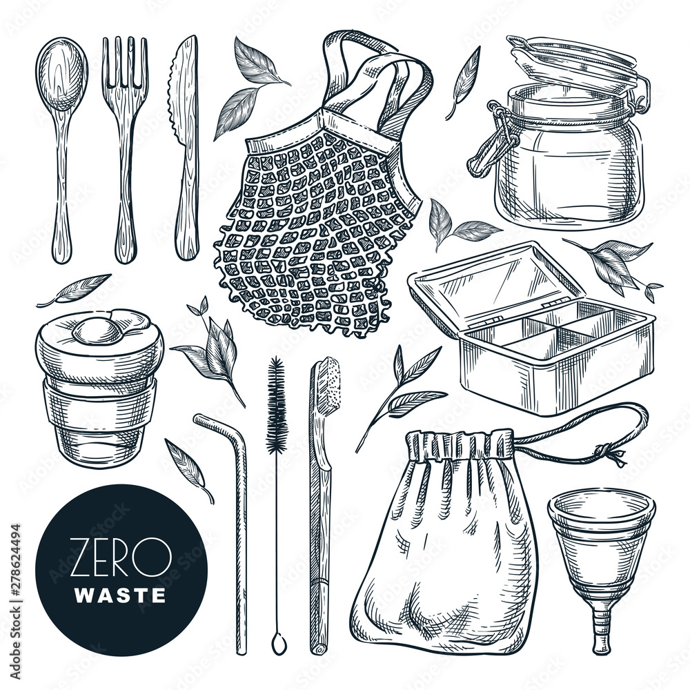 Reusable products. Zero waste durable items bathroom and hygiene set doodle  drawing,vector illustration.Items collection made of bamboo, metal and  other environmental materials Eco friendly concept 14657340 Vector Art at  Vecteezy, drawing items 