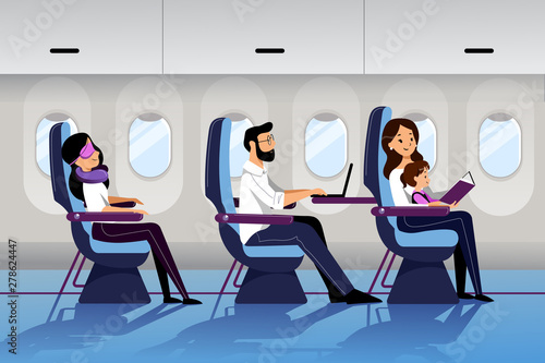 People travel by airplane in economy class. Vector flat cartoon illustration. Young mother travel with infant baby