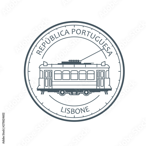 Vintage city tram - tramway in Lisbon, Portugal emblem, outline of retro tramcar